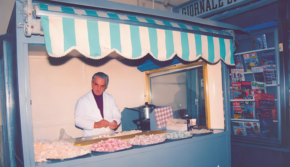 Francesco adamo nel suo antico chiosco di caramellaio a Traoani in piazzetta Notai.