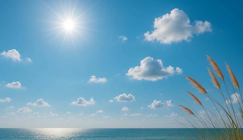 Cielo sereno con sole splendente, leggere nuvole bianche, mare calmo e graminacee mosse dal vento su sfondo naturale.