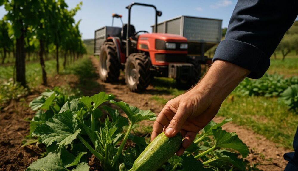 "Mano di agricoltore che raccoglie una zucchina in un campo coltivato, con trattore rosso sullo sfondo tra filari di vite. Giornata di lavoro nelle campagne siciliane."