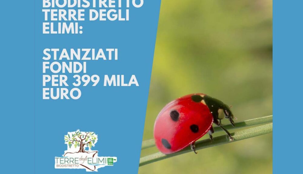 Coccinella su foglia verde con testo: "Biodistretto Terre degli Elimi: stanziati fondi per 399 mila euro" e logo del Biodistretto.