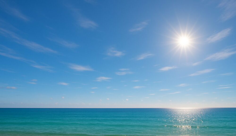 Cielo sereno con leggere velature e mare calmo in una giornata soleggiata. L’orizzonte limpido separa l’azzurro del cielo dall’acqua cristallina, con onde leggere che accarezzano la riva.