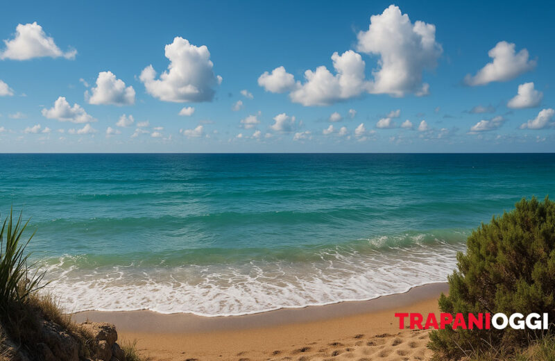 Spiaggia siciliana con mare calmo e cielo sereno, nuvole bianche sparse e vegetazione mediterranea in primo piano – estate a Trapani.