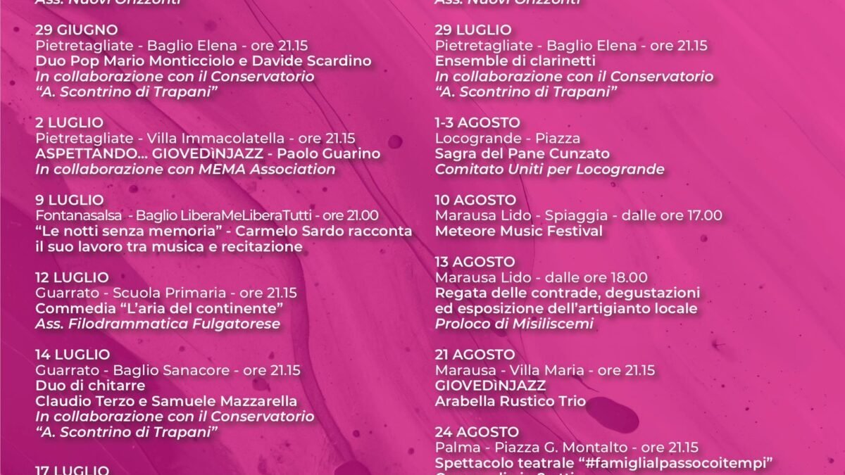 Locandina &ldquo;Sere d&rsquo;Estate 2025&rdquo; del Comune di Misiliscemi con calendario dettagliato degli eventi estivi tra musica, teatro, sagre e cultura, sfondo fucsia-viola e loghi istituzionali della Regione Siciliana e del Libero Consorzio di Trapani.