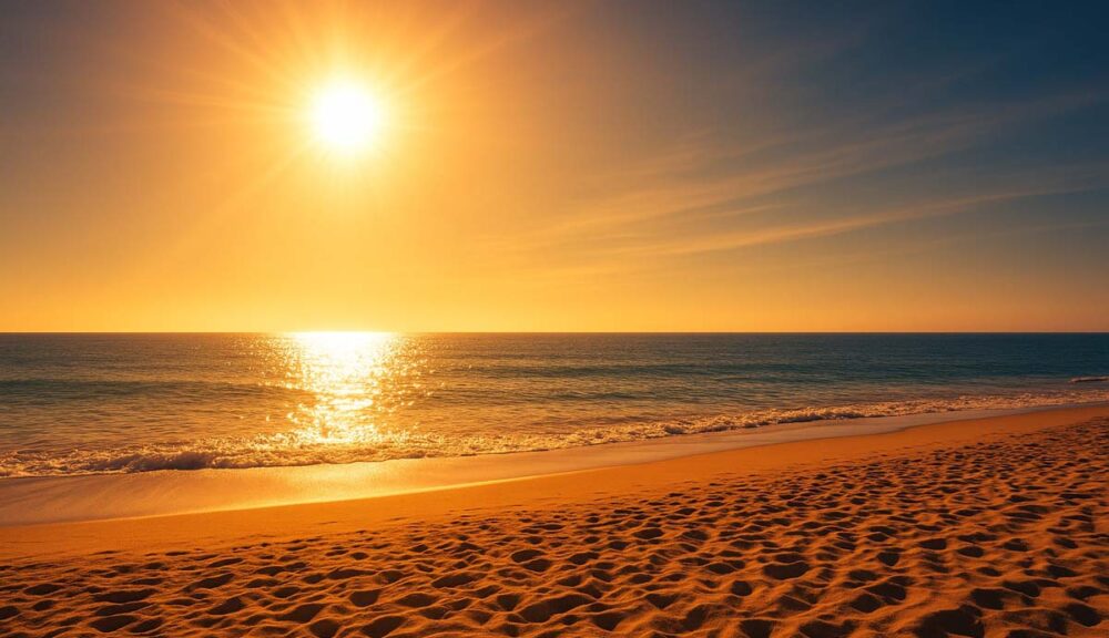 Spiaggia assolata con sole cocente a picco sul mare calmo, cielo limpido e sabbia dorata, scena estiva in formato panoramico 16:9.