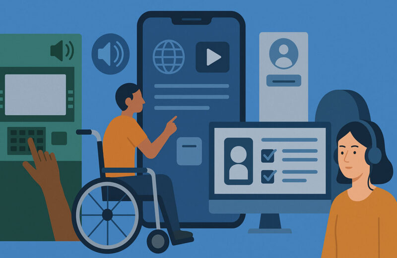 Illustrazione accessibilità digitale con bancomat parlante, utente in sedia a rotelle che usa uno smartphone, e interfacce inclusive su computer e app.