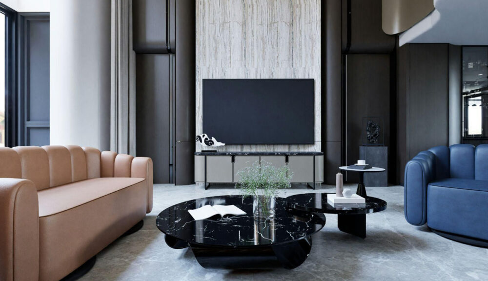 Soggiorno moderno con arredamento smart: divani curvi in stile contemporaneo, tavolini in marmo nero lucido, parete attrezzata con TV e dettagli di design minimalista.