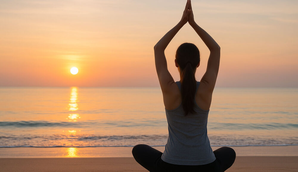 Donna che pratica yoga all’alba in riva al mare, seduta di spalle sulla spiaggia, con le mani giunte sopra la testa, in un’atmosfera calma e serena.