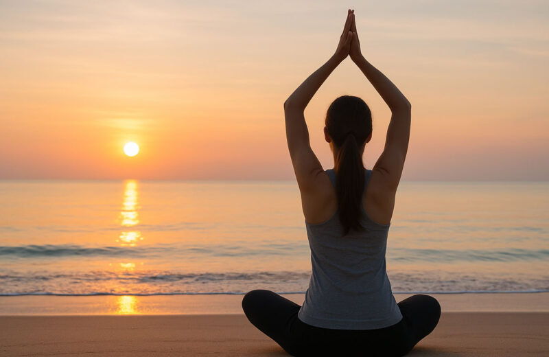 Donna che pratica yoga all’alba in riva al mare, seduta di spalle sulla spiaggia, con le mani giunte sopra la testa, in un’atmosfera calma e serena.