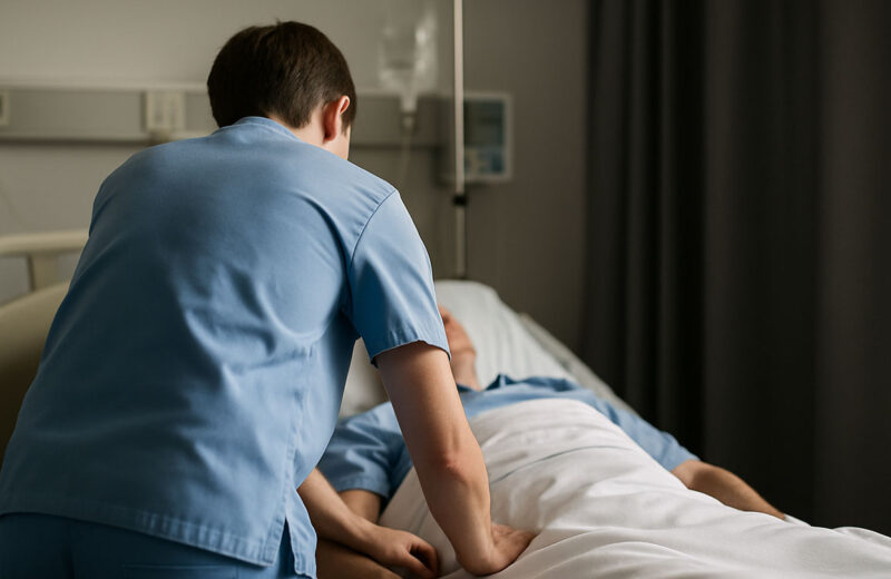 Infermiere di spalle mentre assiste un paziente sdraiato in un letto d'ospedale.