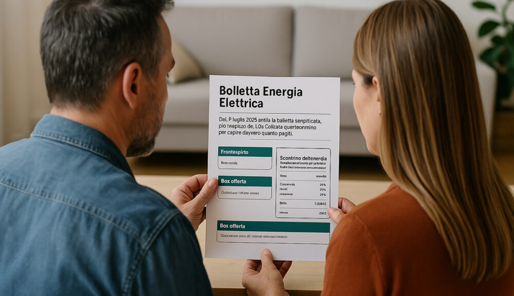Marito e moglie di spalle leggono insieme la nuova bolletta dell'energia elettrica introdotta dal 1° luglio 2025, con scontrino energia semplificato"