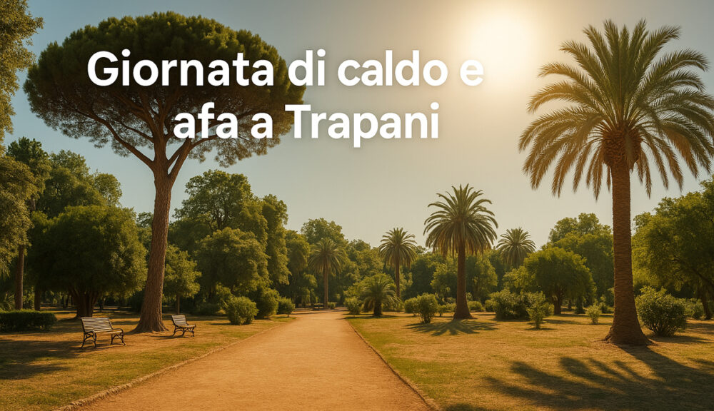 Veduta estiva della Villa Margherita di Trapani con sole intenso, palme e sentiero centrale, simbolo di una giornata di caldo e afa.