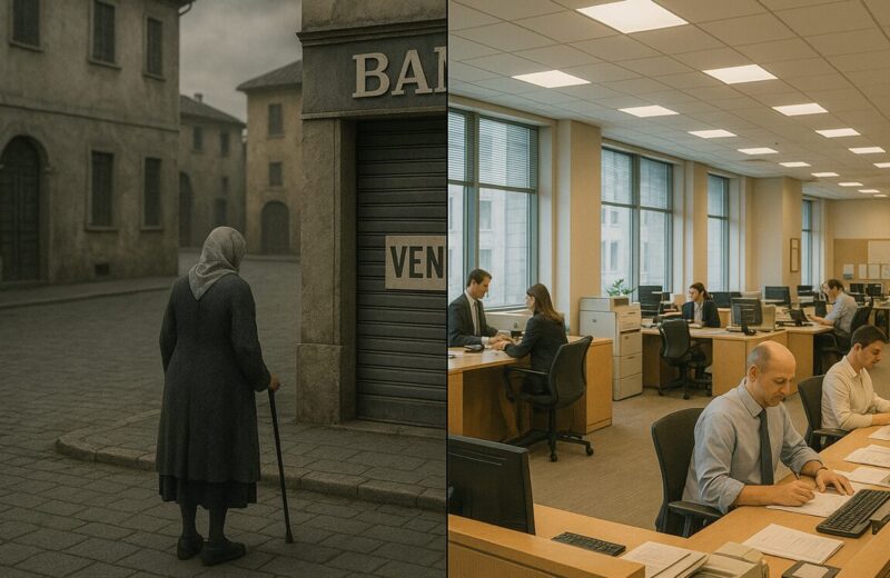 Immagine divisa in due: a sinistra, una donna anziana con bastone osserva una banca chiusa con cartello "VENDE" in una piazza deserta; a destra, un moderno ufficio bancario pieno di impiegati al lavoro davanti ai computer. Contrasto tra abbandono dei territori e concentrazione dei servizi nei grandi centri.