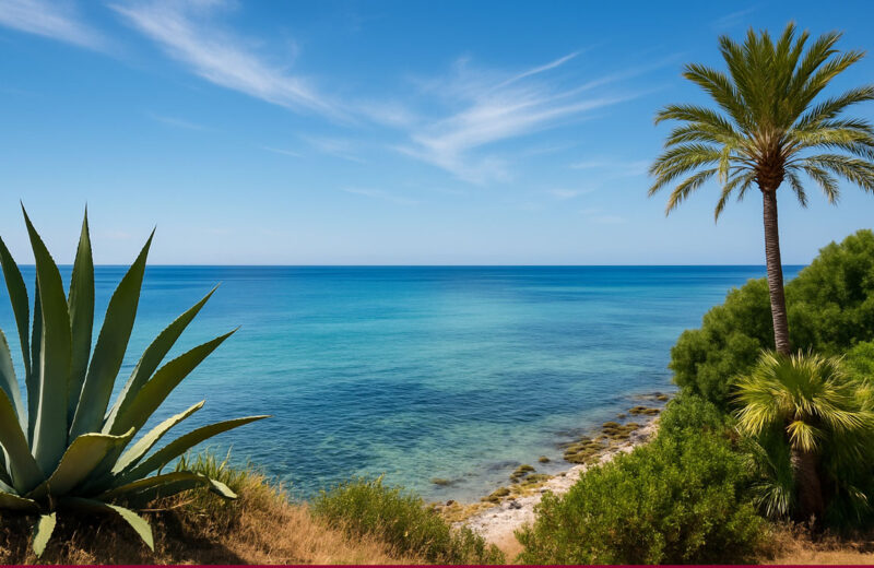 Panorama estivo sul mare di Trapani con cielo sereno, agave e palma in primo piano.