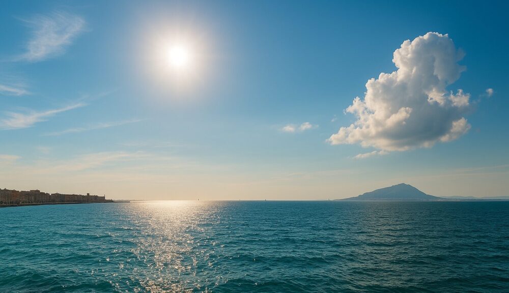 Vista panoramica sul mare di Trapani in una giornata di sole, con cielo sereno, nuvole sparse e il profilo del Monte Erice all’orizzonte.