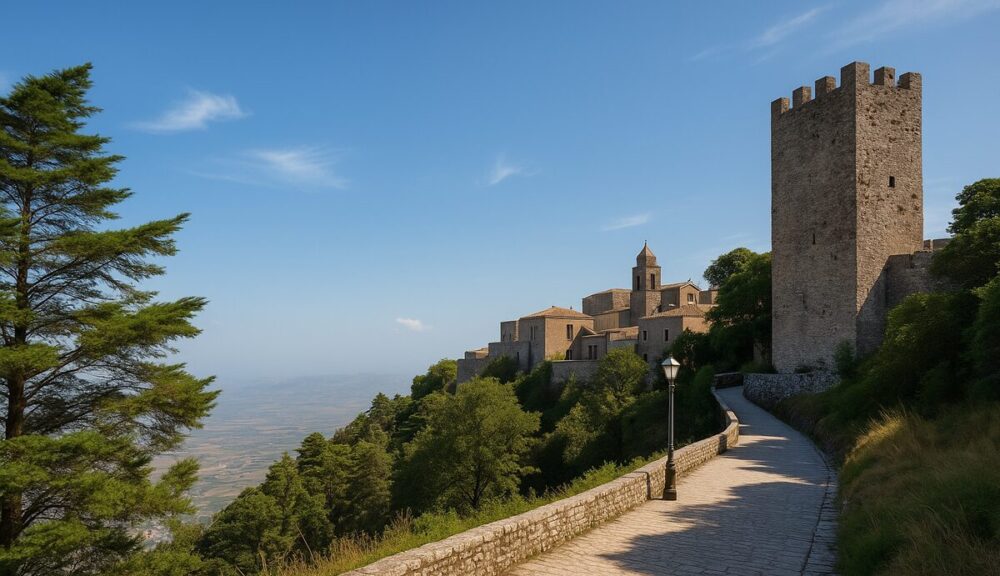 Veduta panoramica di Erice in una giornata di sole con cielo sereno e leggera brezza, sentiero lastricato tra alberi e antiche costruzioni in pietra.