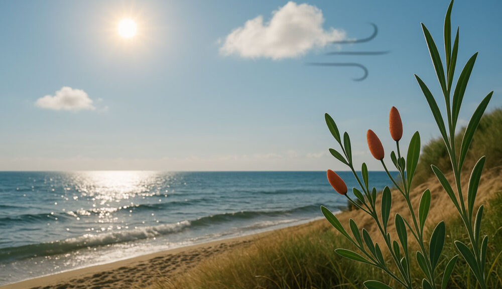 Fotografia panoramica di una spiaggia siciliana in una giornata di sole, con mare calmo, cielo limpido, brezza leggera e vegetazione mediterranea in primo piano.