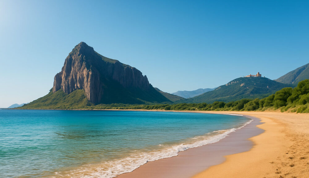 Costa mediterranea al tramonto con spiaggia dorata, mare calmo e promontorio roccioso ricoperto di vegetazione, sullo sfondo un borgo arroccato tra le colline.