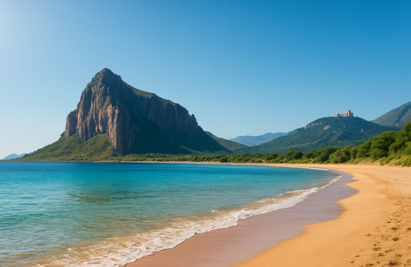 Costa mediterranea al tramonto con spiaggia dorata, mare calmo e promontorio roccioso ricoperto di vegetazione, sullo sfondo un borgo arroccato tra le colline.
