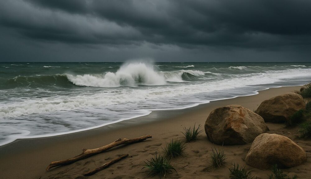 Spiaggia siciliana con mare mosso, cielo nuvoloso e rocce in primo piano durante una giornata di maltempo.