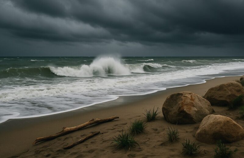 Spiaggia siciliana con mare mosso, cielo nuvoloso e rocce in primo piano durante una giornata di maltempo.