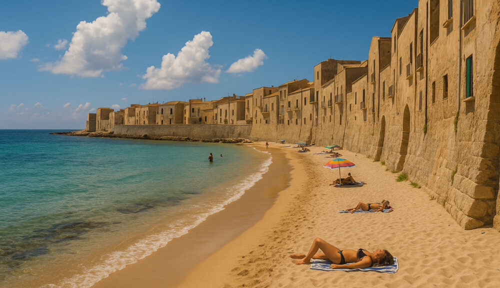 Spiaggia sotto Porta Botteghelle a Trapani con sabbia dorata, mare calmo e mura storiche sullo sfondo in una luminosa giornata estiva.