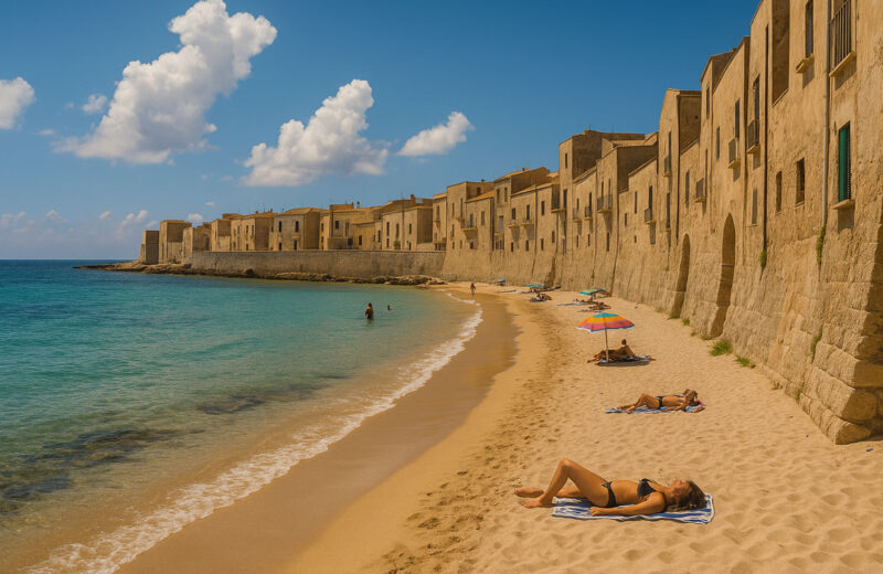 Spiaggia sotto Porta Botteghelle a Trapani con sabbia dorata, mare calmo e mura storiche sullo sfondo in una luminosa giornata estiva.