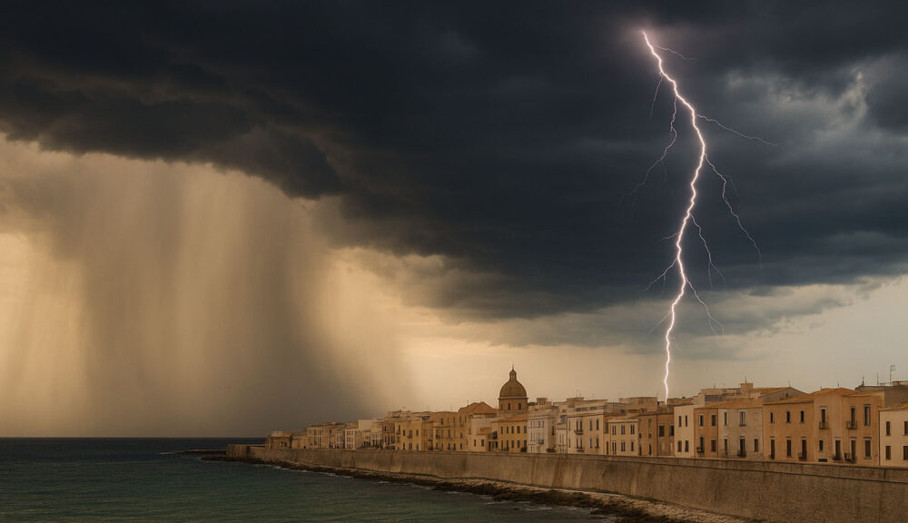 Temporale estivo su Trapani con fulmine e pioggia intensa lungo la costa storica della città, cielo scuro e mare agitato.