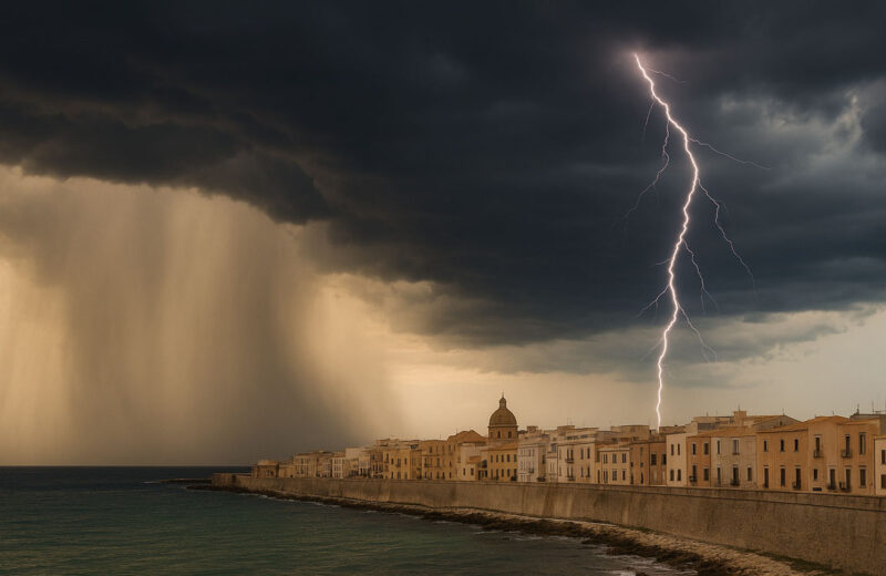 Temporale estivo su Trapani con fulmine e pioggia intensa lungo la costa storica della città, cielo scuro e mare agitato.
