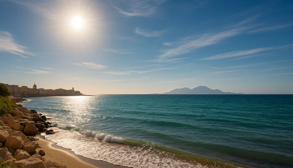 Veduta panoramica della costa di Trapani con il mare calmo, cielo terso e soleggiato, elementi naturali in primo piano e le Isole Egadi all’orizzonte.