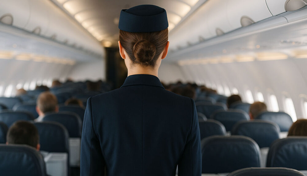 Hostess di spalle all'interno di un aereo passeggeri, in divisa elegante blu scuro, mentre osserva le file di sedili occupati dai viaggiatori – inquadratura widescreen 16:9.