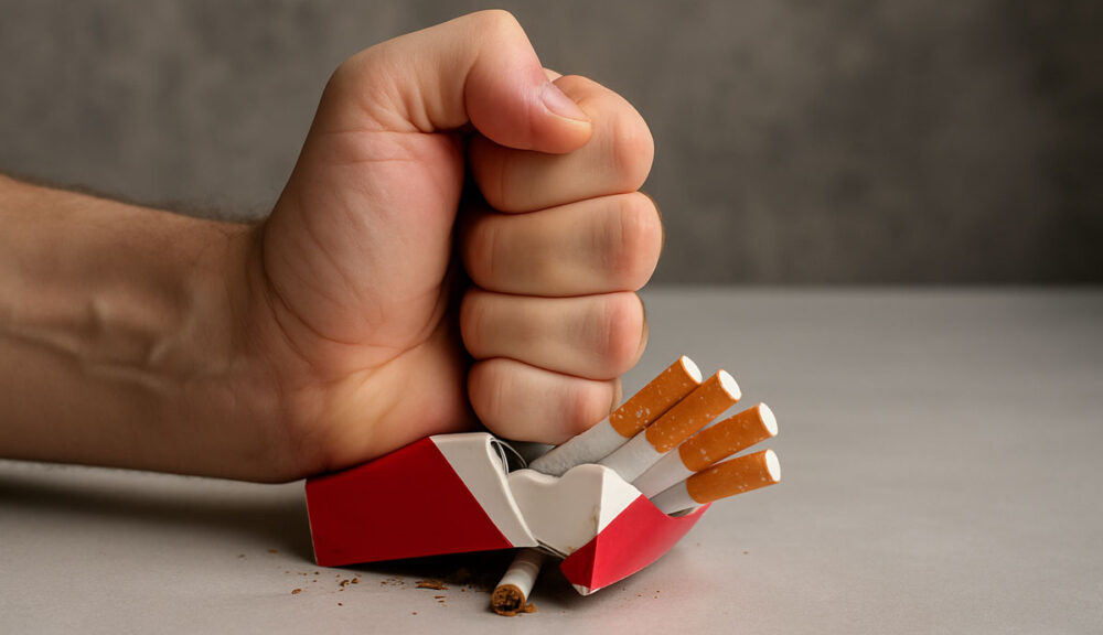 Un pugno chiuso schiaccia un pacchetto di sigarette su una superficie grigia, con alcune sigarette che fuoriescono schiacciate: simbolo di forza, ribellione e scelta di vita sana.