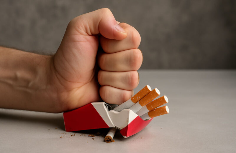 Un pugno chiuso schiaccia un pacchetto di sigarette su una superficie grigia, con alcune sigarette che fuoriescono schiacciate: simbolo di forza, ribellione e scelta di vita sana.