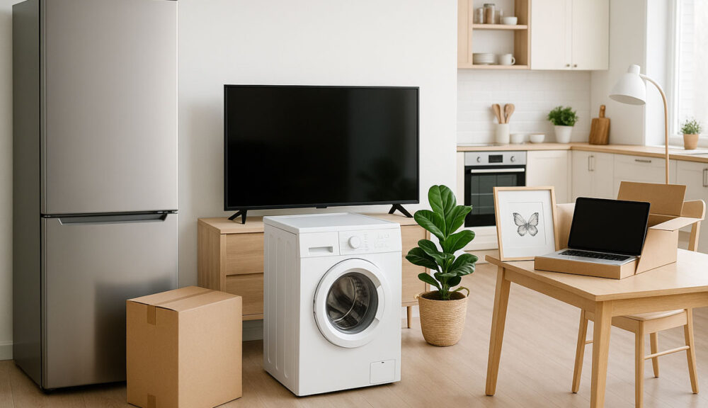 Interni moderni con elettrodomestici nuovi in una cucina luminosa: frigorifero, lavatrice, TV, laptop e arredi in legno chiaro, simbolo di acquisti domestici essenziali.