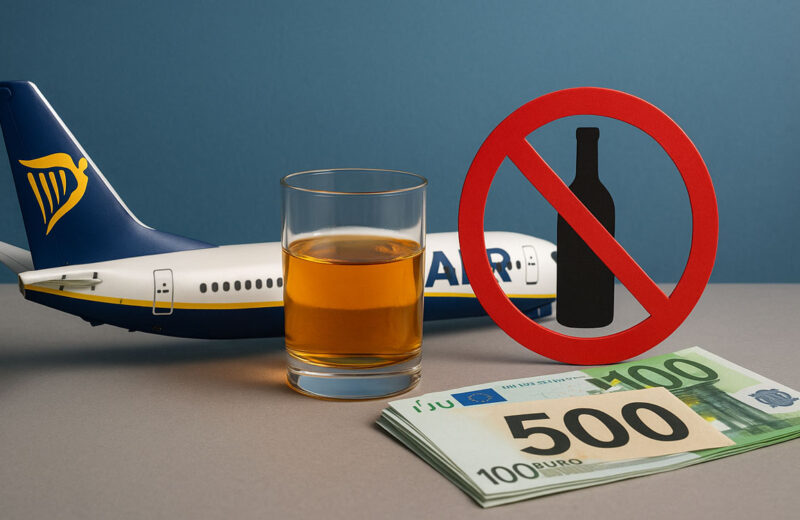Modellino aereo Ryanair con bicchiere di alcol, simbolo di divieto e multa da 500 euro su sfondo neutro.