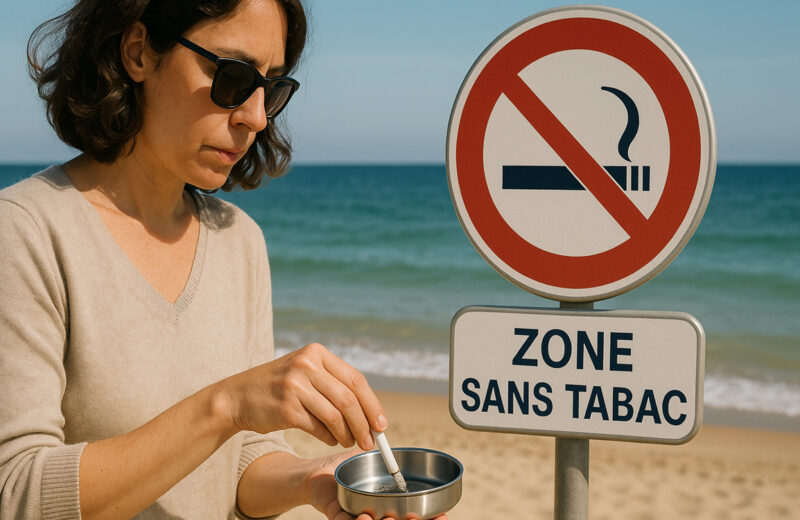 Donna spegne una sigaretta in un posacenere portatile su una spiaggia francese davanti a un cartello “Zone sans tabac”, con il mare sullo sfondo.