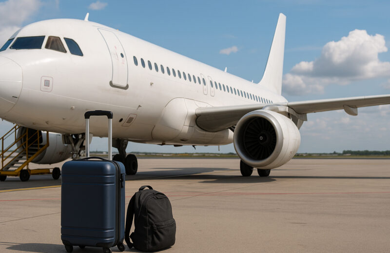 Valigie davanti a un aereo pronto al decollo su pista aeroportuale, cielo sereno con nuvole – viaggio aereo e partenze estive