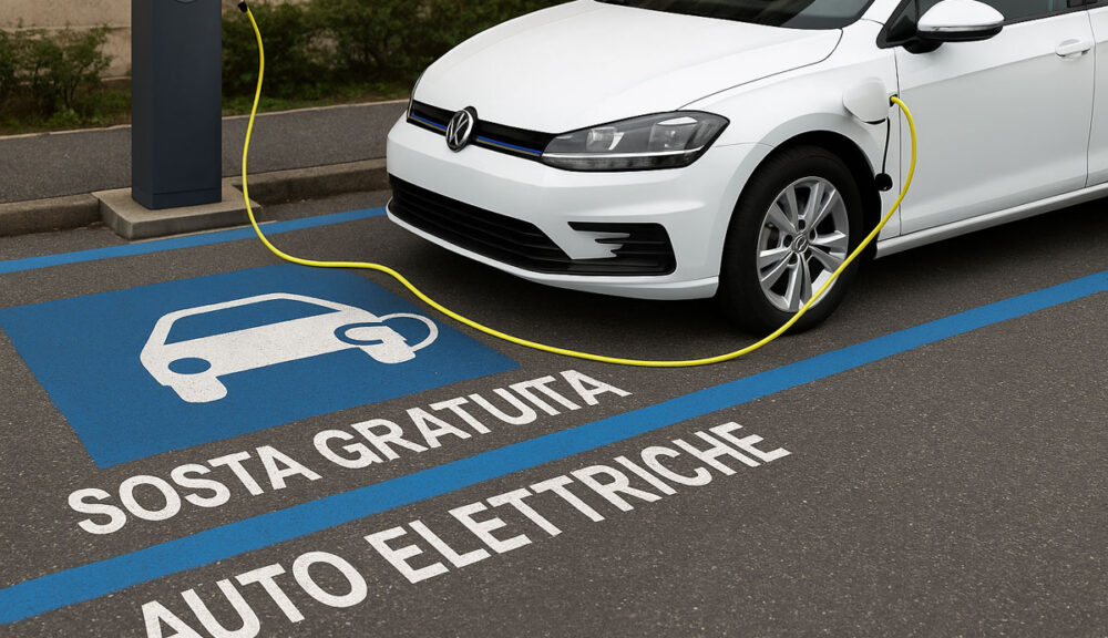 Auto elettrica in carica parcheggiata su strisce blu con scritta "Sosta gratuita auto elettriche"
