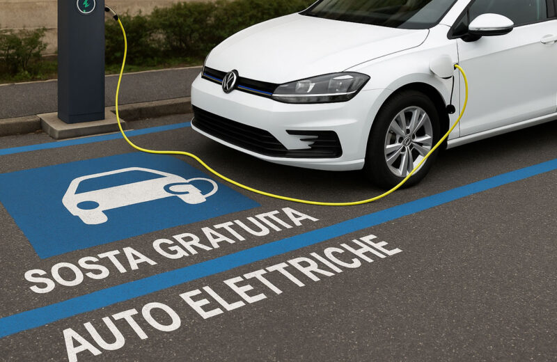 Auto elettrica in carica parcheggiata su strisce blu con scritta "Sosta gratuita auto elettriche"