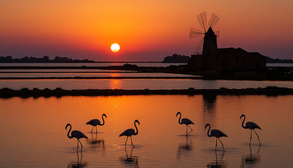 Tramonto sulle saline dello Stagnone a Marsala con fenicotteri in acqua e mulino a vento sullo sfondo.