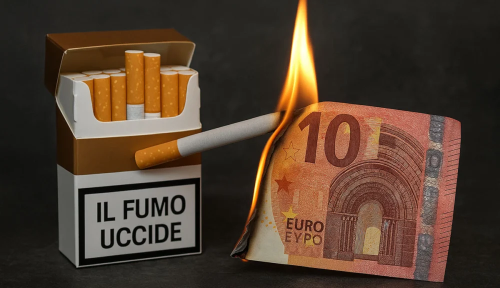 Pacchetto di sigarette aperto accanto a una banconota da 10 euro in fiamme, su sfondo scuro; la sigaretta accesa brucia la banconota, simbolo del costo economico del fumo.