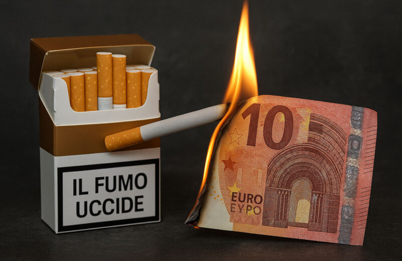Pacchetto di sigarette aperto accanto a una banconota da 10 euro in fiamme, su sfondo scuro; la sigaretta accesa brucia la banconota, simbolo del costo economico del fumo.