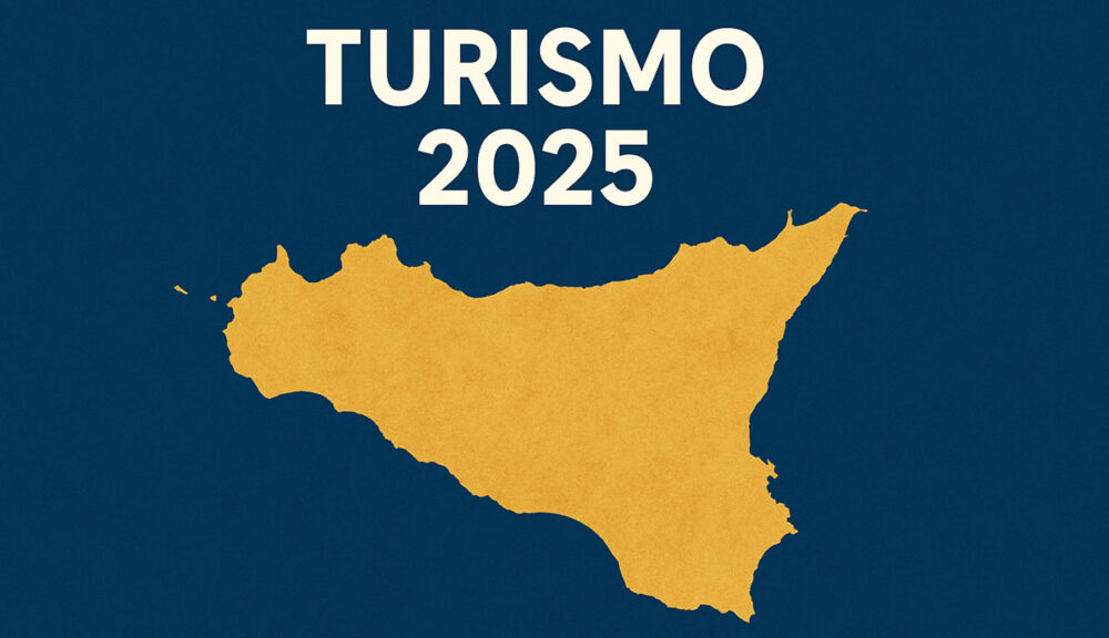 Mappa stilizzata della Sicilia in giallo su sfondo blu con scritta “Turismo 2025” in bianco