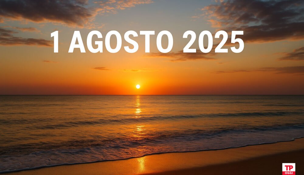 Tramonto sul mare il 1° agosto 2025 con cielo sereno e scritta TP Oggi
