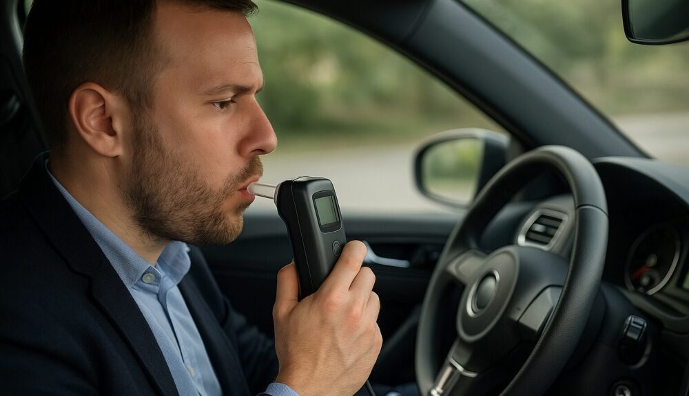 Automobilista soffia in un dispositivo alcolock prima di avviare l’auto, all’interno di un veicolo moderno.