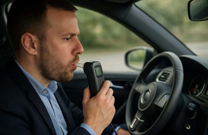 Automobilista soffia in un dispositivo alcolock prima di avviare l’auto, all’interno di un veicolo moderno.