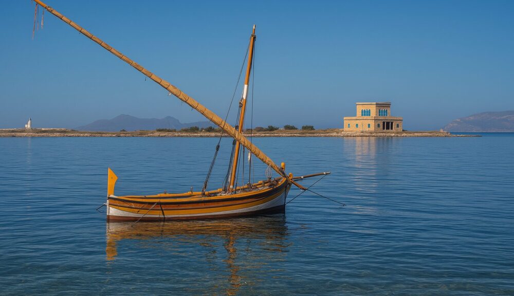 Barca nel porto di Trapani con vista su Casina Nasi e Isole Egadi