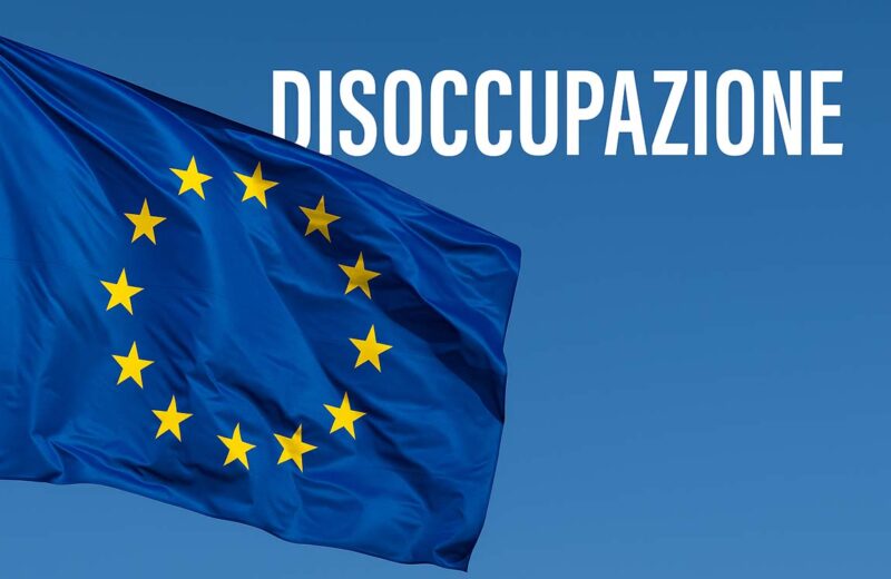 Bandiera dell'Unione Europea con la scritta "Disoccupazione" su sfondo azzurro