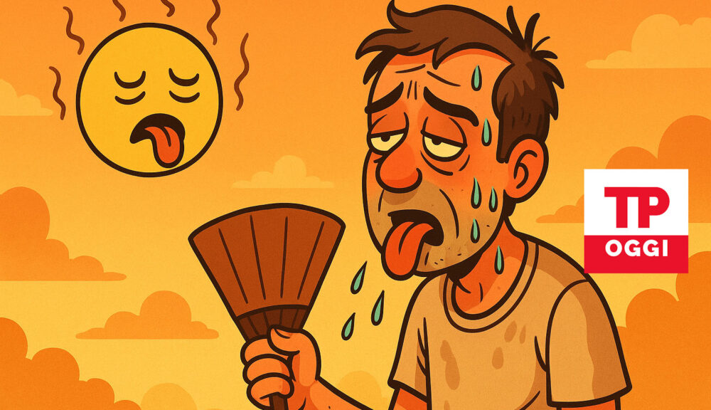 Uomo accaldato che si sventola sotto un sole cocente in stile cartoon