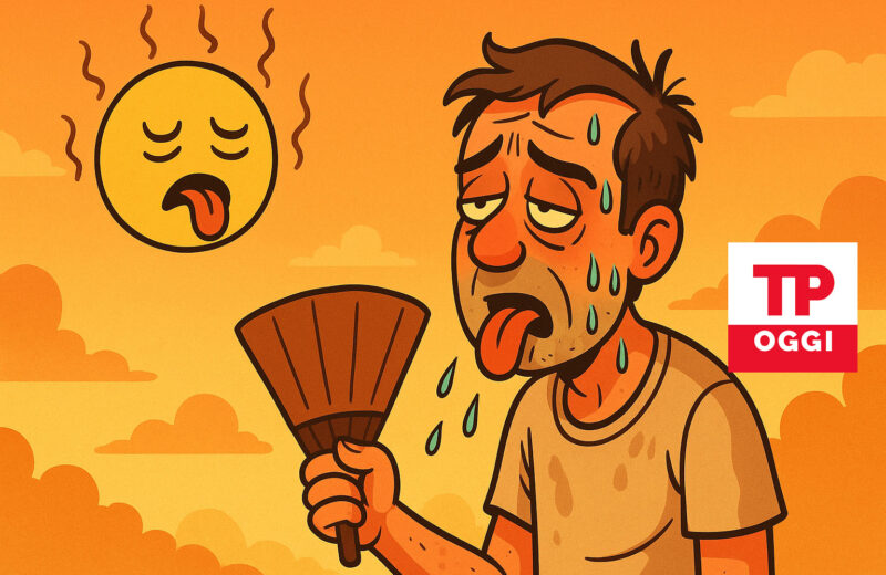 Uomo accaldato che si sventola sotto un sole cocente in stile cartoon