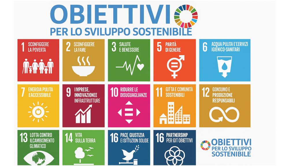Infografica dei 17 Obiettivi ONU per lo Sviluppo Sostenibile (SDGs) in italiano, disposti in griglia colorata con icone identificative